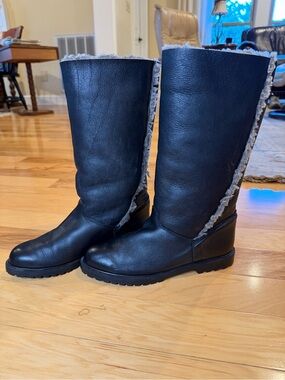 La Canadienne Tall Black Leather Boots Shearling Lined Lug Sole Size 9 Canada